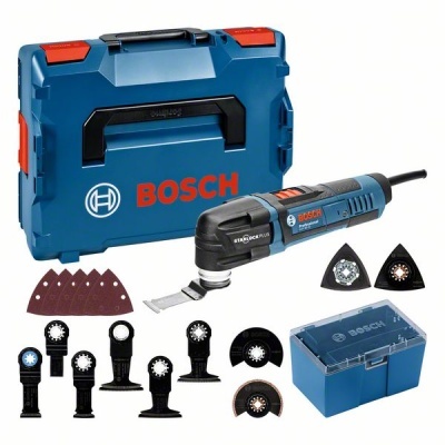 Conjunto de ferramenta multifunções BOSCH azul e preto com acessórios e maleta azul.