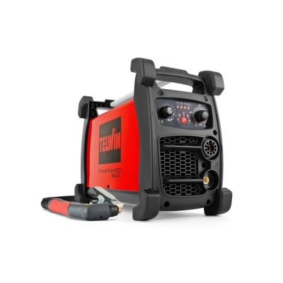 Máquina de soldar TELWIN vermelha com painéis de controlo e cabo de soldadura