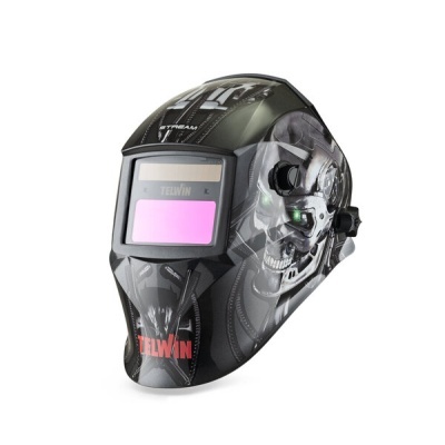 Capacete de soldadura preto com design de caveira e visor automático
