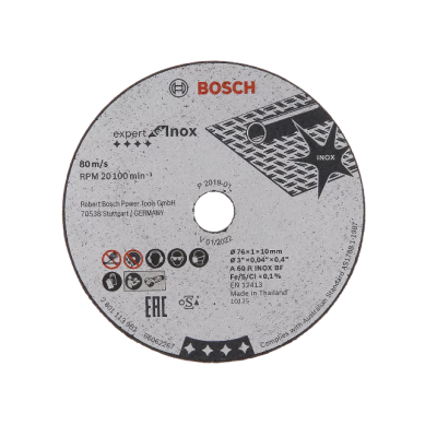 Disco de corte Bosch Expert Inox em cinzento com texto e símbolos de segurança