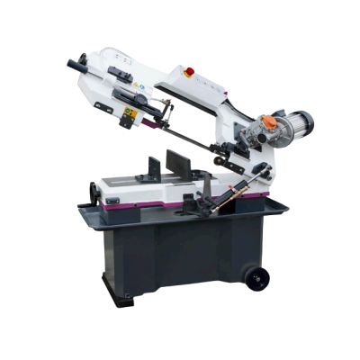 Serra de fita industrial metálica com motor elétrico em fundo branco