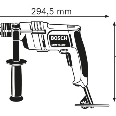 Furadeira elétrica Bosch preta e branca com medidas de comprimento e altura