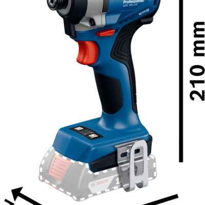 Parafusadora Bosch Professional azul, preta e vermelha com clip metálico e bateria destacada