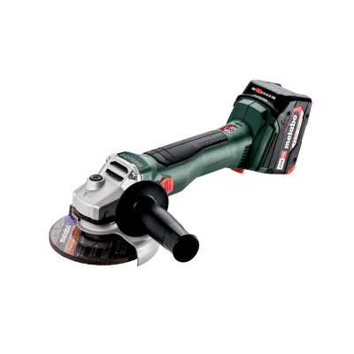 Esmerilhadora sem fios Metabo verde e preta com bateria.