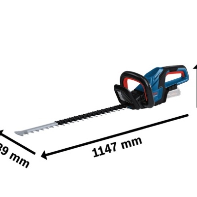 Tesoura elétrica azul e preta com lâminas cinzentas e dimensões em milímetros