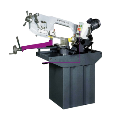 Máquina de cortar metal OPTIMUM com base preta e braço branco e roxo