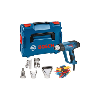 Kit de ferramenta Bosch com pistola de ar quente, acessórios metálicos e caixa azul