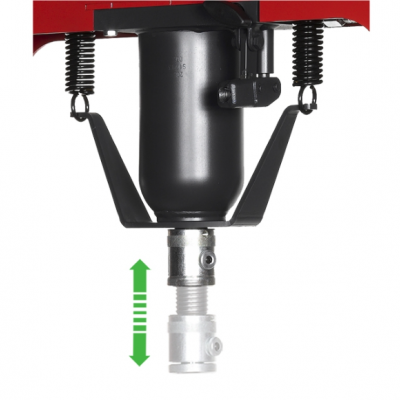 Peça metálica preta com molas e suporte vermelhos, parte inferior prateada móvel indicada por setas verdes.