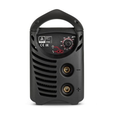 Máquina de soldar compacta preta com mostrador ajustável e pegador superior.