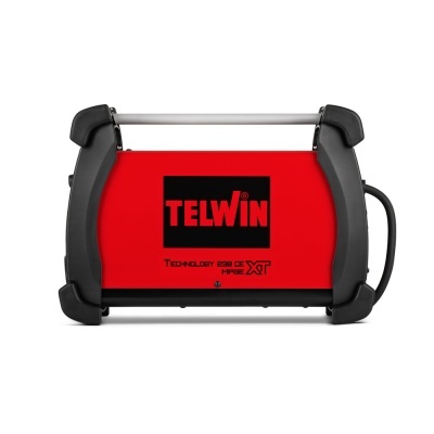 Gerador de soldadura Telwin vermelho e preto com alça metálica e proteção nas extremidades