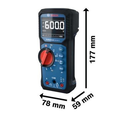 Multímetro digital Bosch Professional azul e preto com visor e botão vermelho