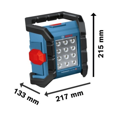 Luz portátil LED azul e preta com botão vermelho e 12 LEDs em fundo branco