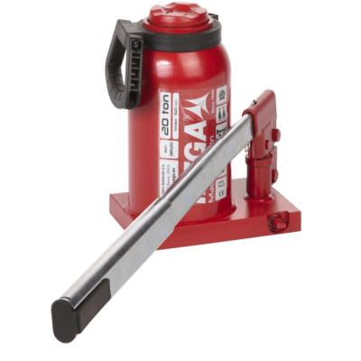 Macaco hidráulico de garrafa vermelho com alavanca metálica prateada e etiquetas brancas