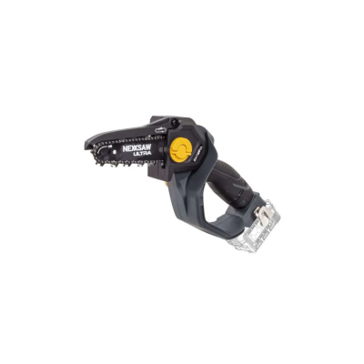 Mini motosserra elétrica portátil preta com detalhes amarelos e texto NEXSAW ULTRA