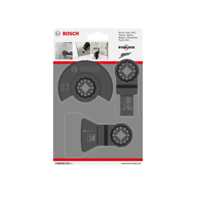 Conjunto de lâminas de corte Bosch em embalagem transparente e cartão.