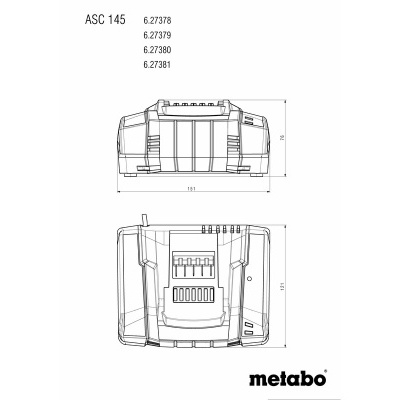 Desenho técnico do carregador de bateria Metabo ASC 145 com medidas e códigos do produto