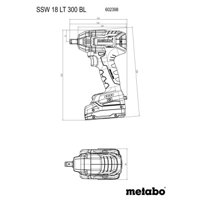Desenho técnico de ferramenta elétrica Metabo, texto SSW 18 LT 300 BL, vistas lateral e superior