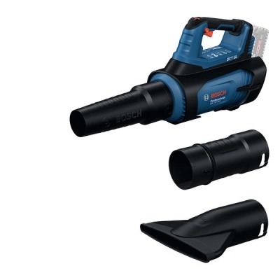 Soprador de folhas Bosch azul e preto com dois bocais extras pretos.