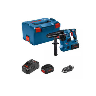 Conjunto de ferramentas Bosch incluindo furadeira, baterias, carregador e caixa azul