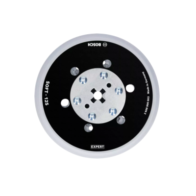 Plato de lija redondo negro y gris con texto BOSCH, SOFT-125, EXPERT.