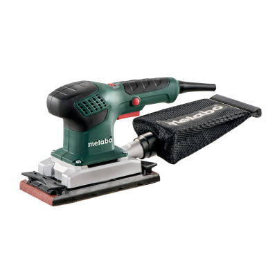 Lixadora elétrica Metabo verde com saco coletor preto e branco