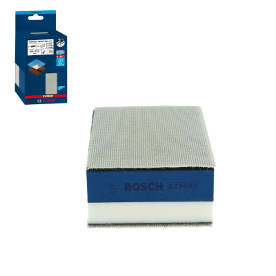 Conjunto de lixas Bosch Expert M480 Net Set com esponja branca e superfície de malha cinzenta em embalagem azul