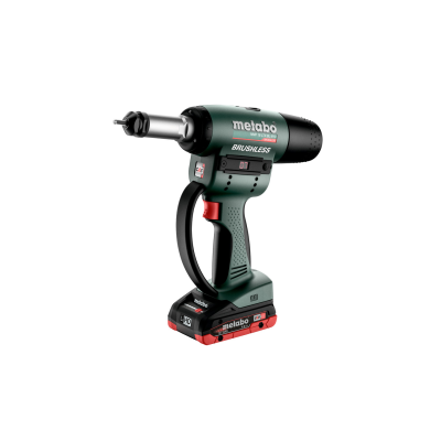 Parafusadora Metabo sem fios verde e preta com bateria e botão vermelho