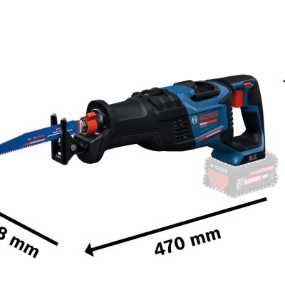 Serra recíproca Bosch azul e preta com lâmina azul e medidas de 470x161x88 mm.