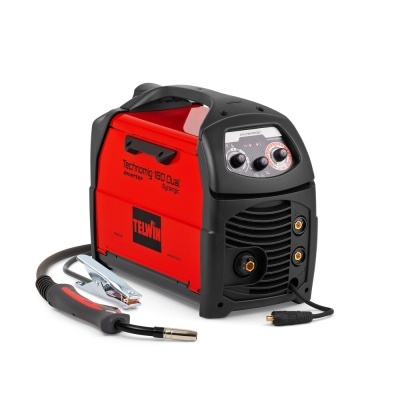 Soldador portátil vermelho e preto Telwin Technomig 180 Dual Synergic com cabos e pistola de soldar.