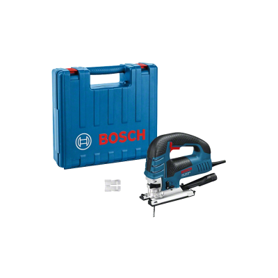 Serra de calar elétrica Bosch azul e preta com estojo plástico azul.