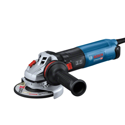 Esmeriladora angular BOSCH azul e cinza com punho lateral e cabo preto