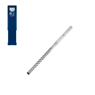 Broca metálica prateada com ponta azul e estojo azul da Bosch