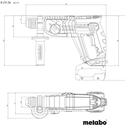 Desenho técnico de ferramenta elétrica com punho e marca metabo
