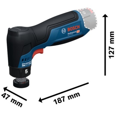 Ferramenta elétrica portátil azul e preta Bosch Professional GSR com dimensões indicadas.