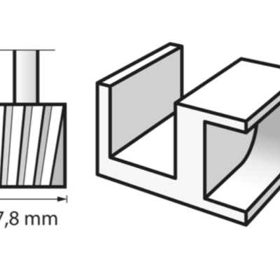 Desenho técnico em preto e branco de uma peça em formato de U com medida 7,8 mm.
