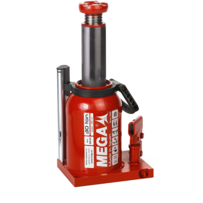 Macaco hidráulico vermelho de 30 toneladas com rótulo MEGA e detalhes metálicos