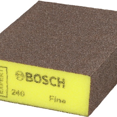 Esponja de lixar Bosch amarelo e castanho com texto 'BOSCH 240 Fino'