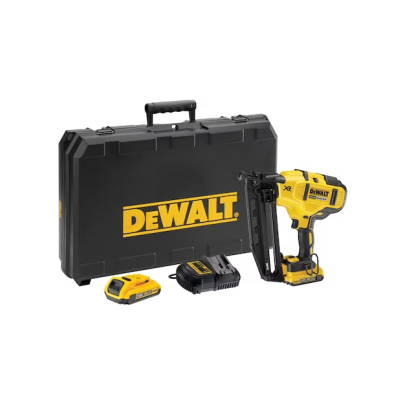 Conjunto ferramenta DEWALT com caixa preta, pistola de pregos amarela e preta, bateria e carregador