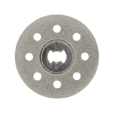 Disco circular cinzento com orifícios e centro metálico