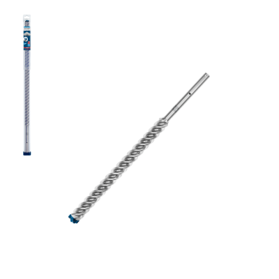 Broca metálica com espiral prateada e ponta azul em embalagem branca com detalhes azuis e pretos.