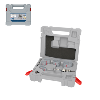 Conjunto de serra copo BOSCH PRO Multi Material num estojo cinzento aberto com peças metálicas prateadas e fechos vermelhos