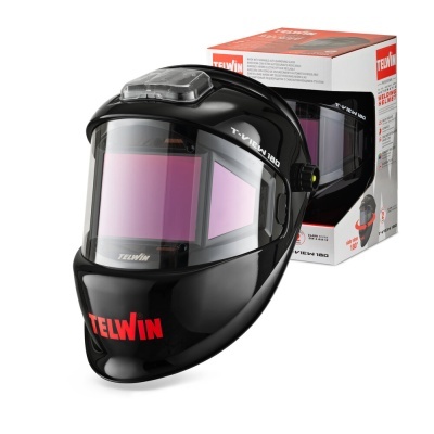 Máscara de soldadura preta TELWIN com lente ampla e embalagem ao fundo