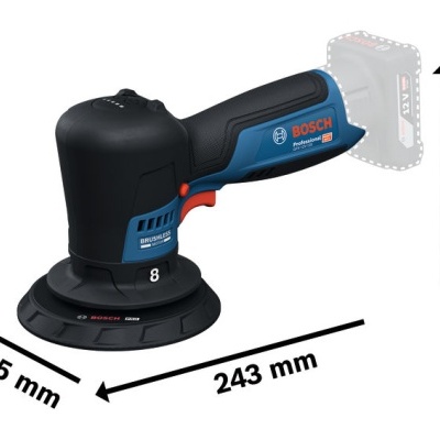 Lixadora Bosch Professional a bateria preta e azul com dimensões indicadas
