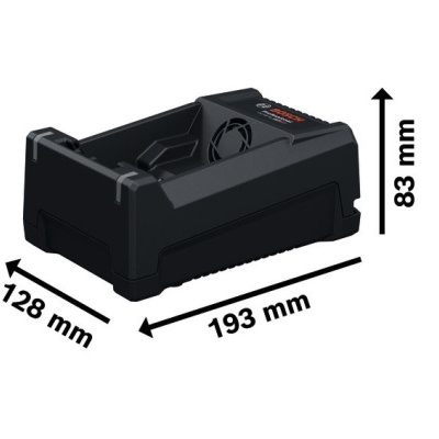 Base de carregamento preta para bateria com ventoinha e dimensões indicadas