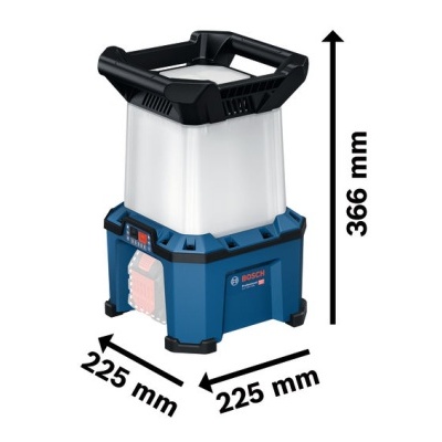 Lanterna de trabalho Bosch azul e preta com luz branca e medidas indicadas