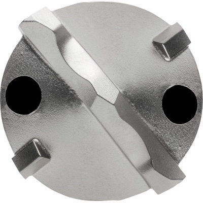 Peça metálica redonda prateada com dois orifícios pretos e saliências