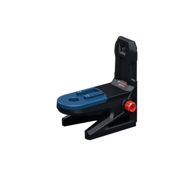 Suporte plástico preto e azul com parafuso vermelho