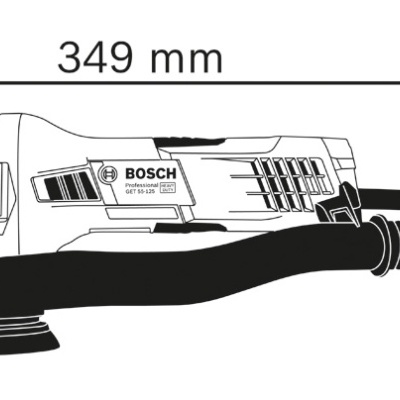 Lixadora elétrica Bosch branca e preta com medidas anotadas