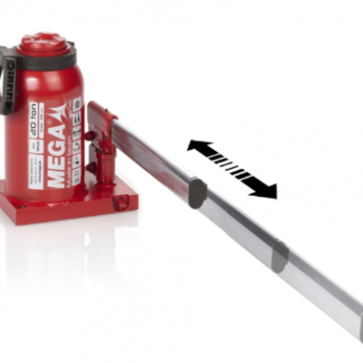 Garrafa hidráulica vermelha MEGA 16 TON com alavanca metálica sobre fundo branco