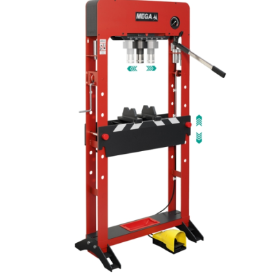 Prensa hidráulica vermelha e preta com alavanca e pedal amarelo